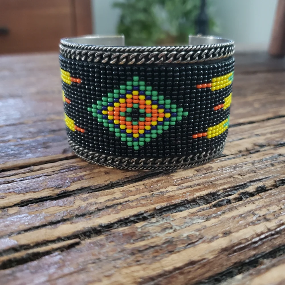 Handcrafted Beaded Cuff Bracelet - Black, Yellow, Green, Orange